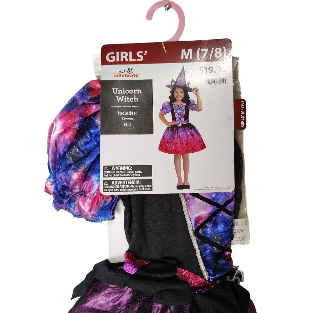Celebrate Girls M (7/8) Unicorn Witch Dress and Hat Halloween Costume